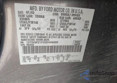 2003 Ford F-250 Lariat/Xl/Xlt из США, поврежденный, VIN 1FTNW21F33EA06000